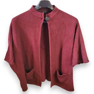 Tally Retro Knit Sweater Cape Women's 2X Burgundy Pockets Single Button Cardigan